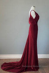 Wine Red Velvet Backless Straps Semi Formal Prom Dress, Wine Red Velvet Party Dress
